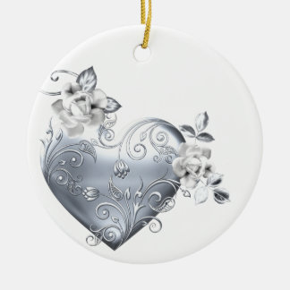 Silver Filigree Heart & White Roses Ceramic Ornament