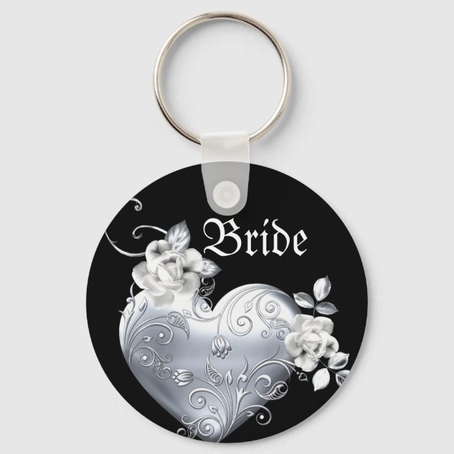 Silver Filigree Heart & White Roses Keychain (Front)