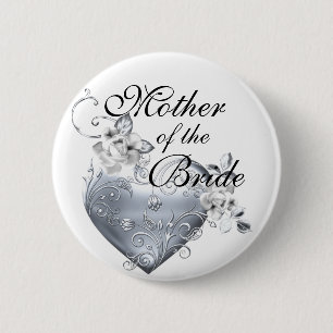 Silver Filigree Heart & White Roses Pinback Button