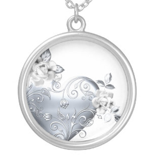 Silver Filigree Heart & White Roses Plated Necklace