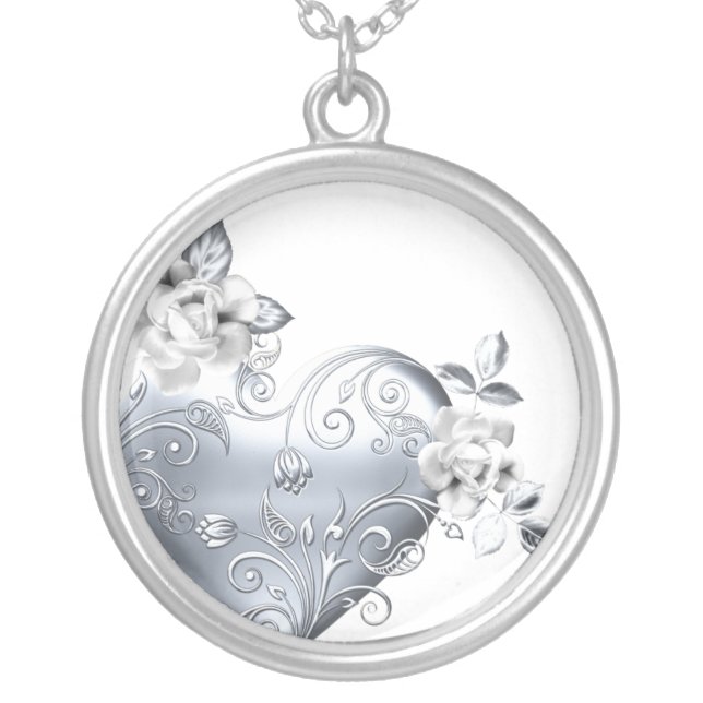 Silver Filigree Heart & White Roses Silver Plated Necklace (Front)