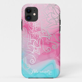 Silver Filigree Henna Ornaments On Pink Turquoise Case-Mate iPhone Case