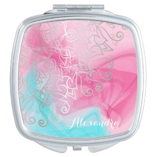 Silver Filigree Henna Ornaments On Pink Turquoise Compact Mirror