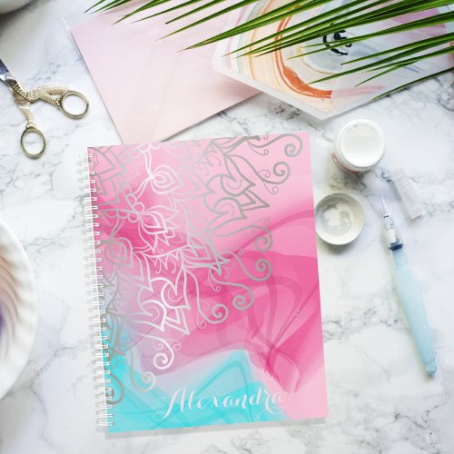 Silver Filigree Henna Ornaments On Pink Turquoise Planner
