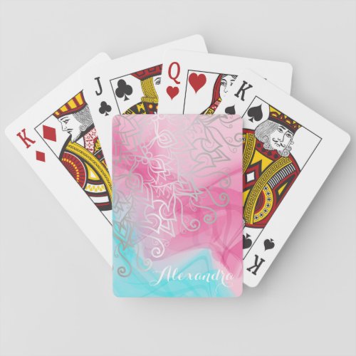Silver Filigree Henna Ornaments On Pink Turquoise Playing Cards