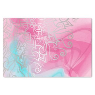 Silver Filigree Henna Ornaments On Pink Turquoise  Tissue Paper