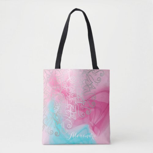 Silver Filigree Henna Ornaments On Pink Turquoise Tote Bag