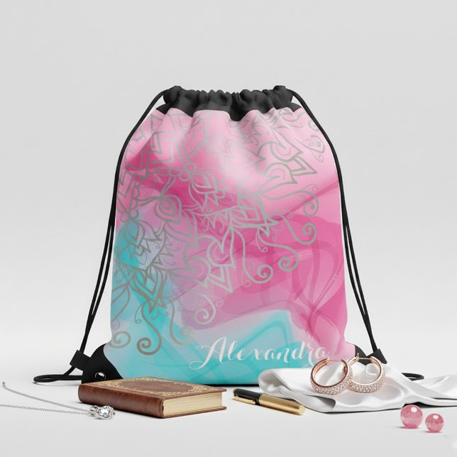 Silver Filigree Henna Ornaments Pastel Swirls Drawstring Bag (Creator Uploaded)