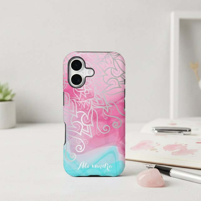 Silver Filigree Henna Ornaments Pink Turquoise Case-Mate iPhone Case (Creator Uploaded)