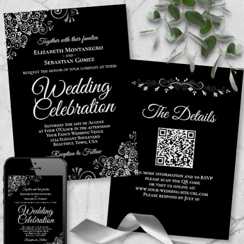 Silver Filigree on Black Elegant QR Code Wedding Invitation
