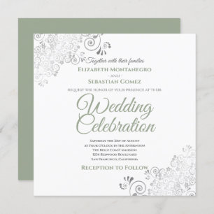 Silver Filigree Sage Green & White Square Wedding Invitation