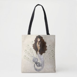 SIlver Fin Brunette Mermaid Tote Bag