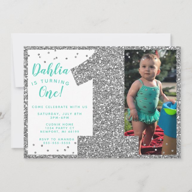 Silver First Birthday Invitation, Faux Glitter Invitation (Front)