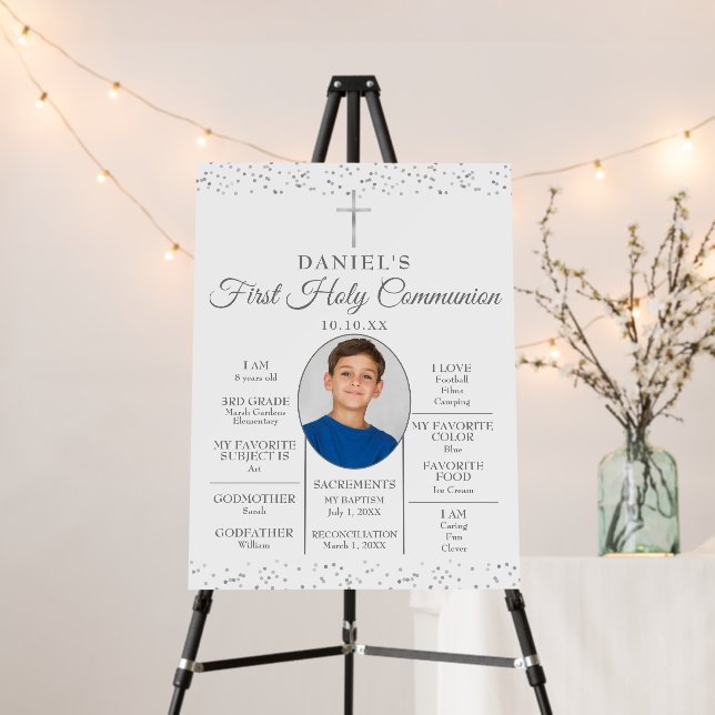 Silver First Communion Fun Facts Photo Sign (In Situ (Stand))