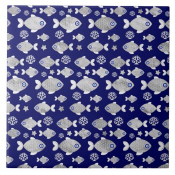 Silver Fish Evil Eye Pattern Ceramic Tile by LoveMalinois at Zazzle