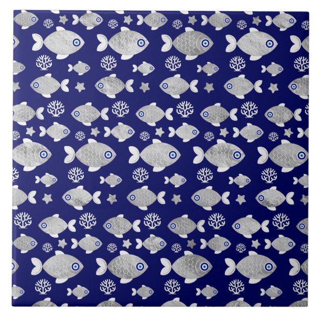 Silver Fish Evil Eye Pattern Ceramic Tile (Front)