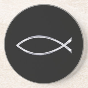 Silver Fish Symbol on Black Background Coaster