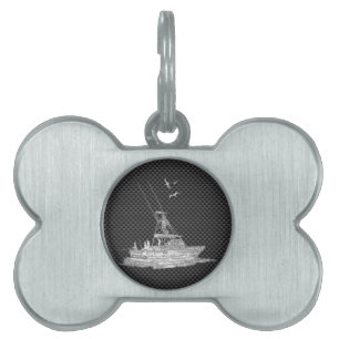 Silver Fishing Boat on Carbon Fiber Pet Tag