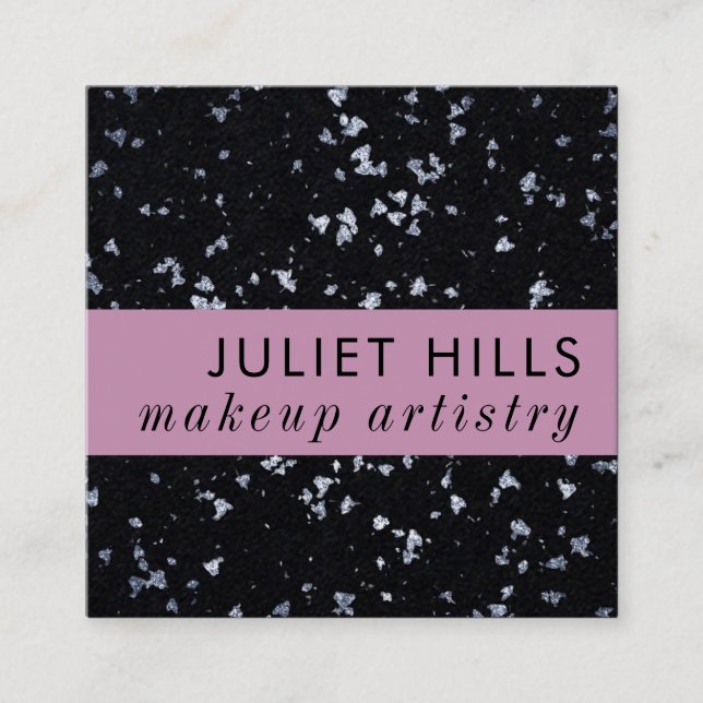 Silver Flakes, Pink and Black Square Business Card (Front)