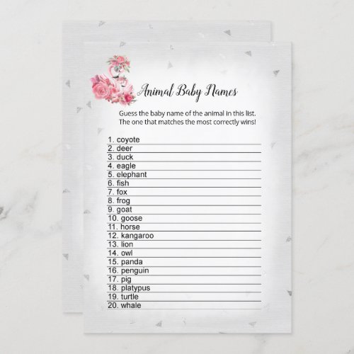 Silver Flamingo Ballerina Animal Baby Names Game Invitation