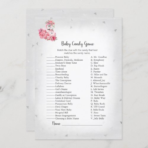 Silver Flamingo Ballerina Baby Candy Shower Game Invitation