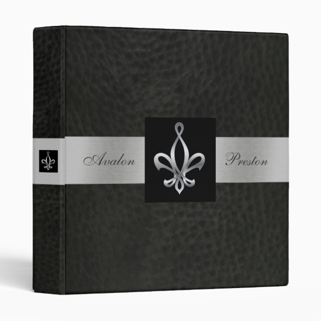 Silver Fleur De Lis Black Faux Leather Binder (Front/Spine)