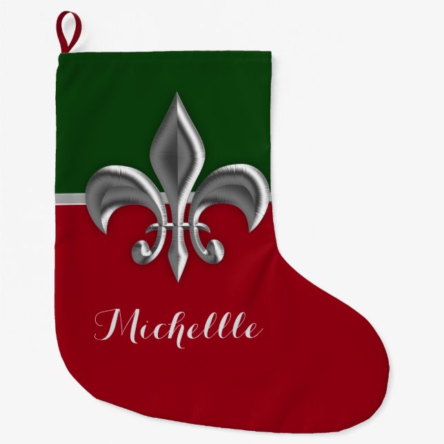 Silver Fleur de Lis Christmas Large Christmas Stocking (Front)