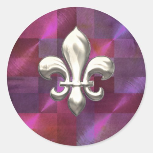 Silver Fleur de Lis on Abstract Pinks Classic Round Sticker