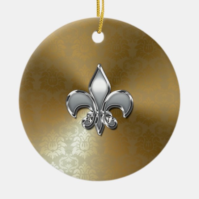 Silver Fleur-De-Lis on Gold Damask Ceramic Ornament (Front)