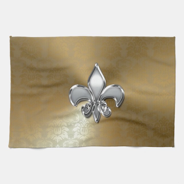 Silver Fleur-De-Lis on Gold Damask Kitchen Towel (Horizontal)