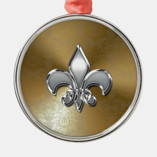 Silver Fleur-De-Lis on Gold Damask Metal Ornament (Front)