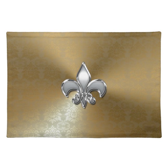 Silver Fleur-De-Lis on Gold Damask Placemat (Front)