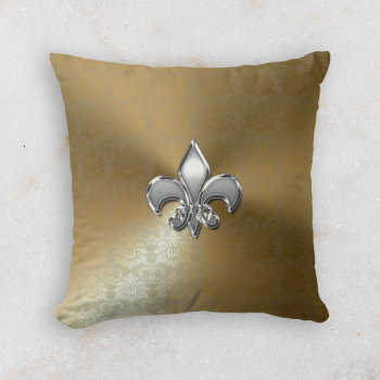 Silver Fleur-de-lis On Gold Damask Throw Pillow by DoodlesGiftShop at Zazzle