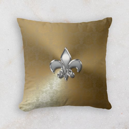 Silver Fleur_De_Lis on Gold Damask Throw Pillow