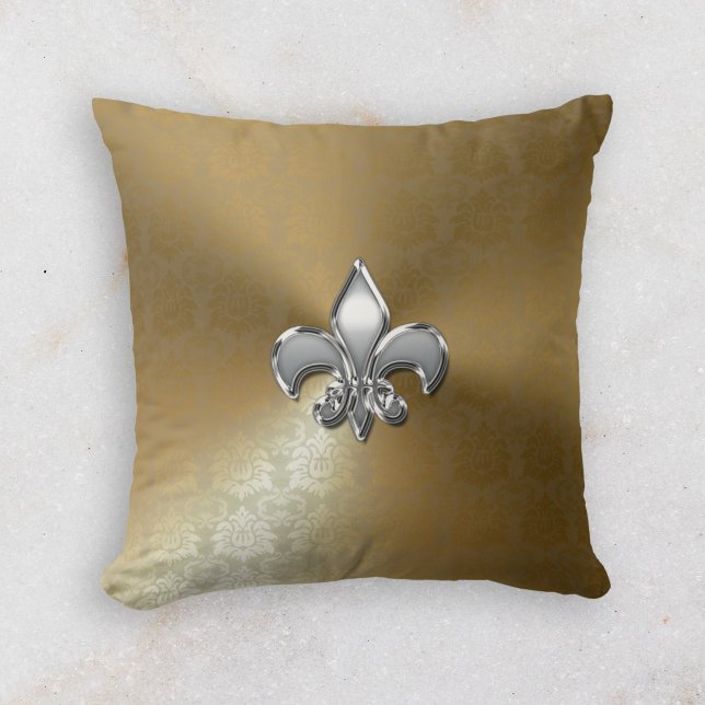 Silver Fleur-De-Lis on Gold Damask Throw Pillow (Creator Uploaded)