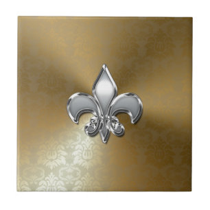 Silver Fleur-De-Lis on Gold Damask Tile