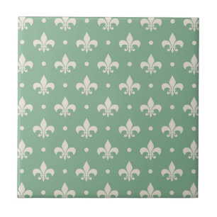 Silver Fleur De Lis pattern on green background Ceramic Tile