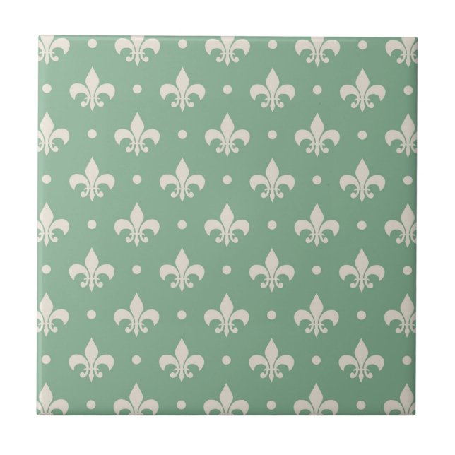 Silver Fleur De Lis pattern on green background Ceramic Tile (Front)
