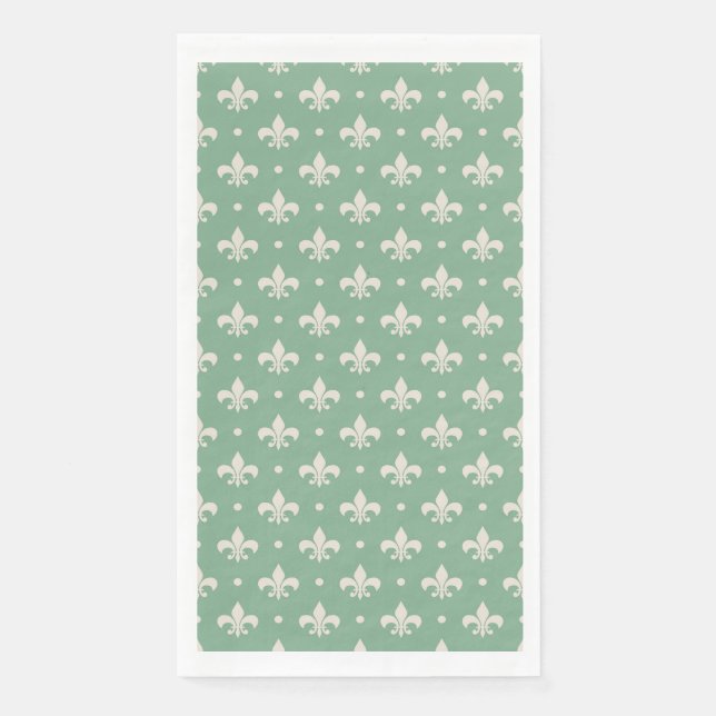 Silver Fleur De Lis pattern on green background Paper Guest Towels (Front)