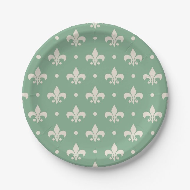 Silver Fleur De Lis pattern on green background Paper Plates (Front)