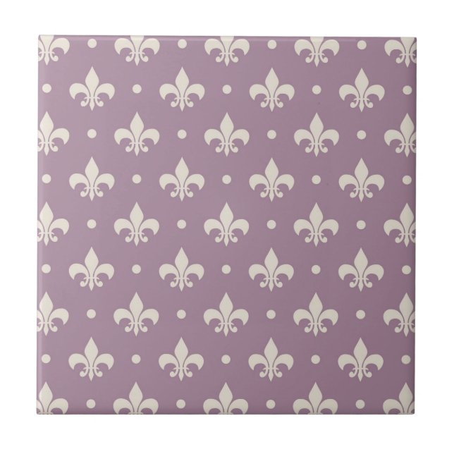 Silver Fleur De Lis pattern on purple background Ceramic Tile (Front)
