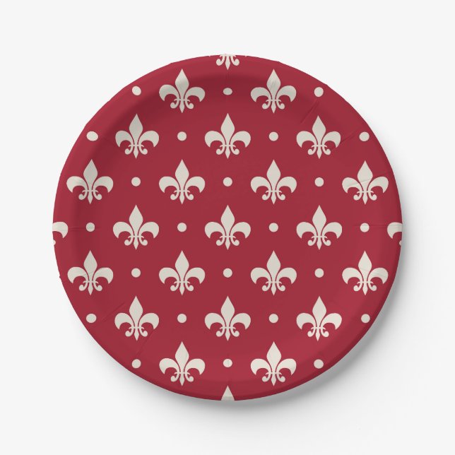 Silver Fleur De Lis pattern on red background Paper Plates (Front)