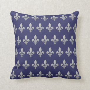 Silver Fleur de lys Floral Royal Blue Throw Pillow