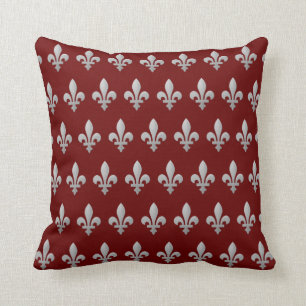 Silver Fleur de lys Floral Royal Red Throw Pillow
