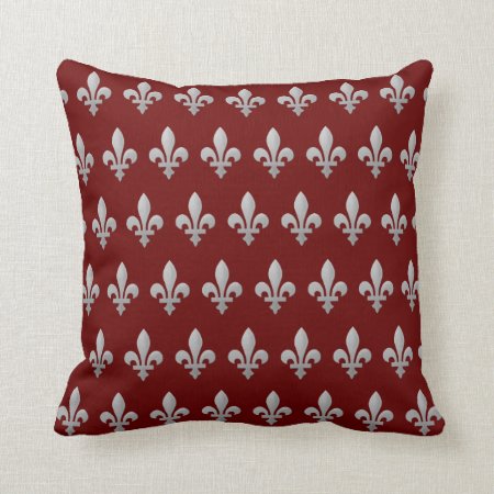 Silver Fleur De Lys Floral Royal Red Throw Pillow