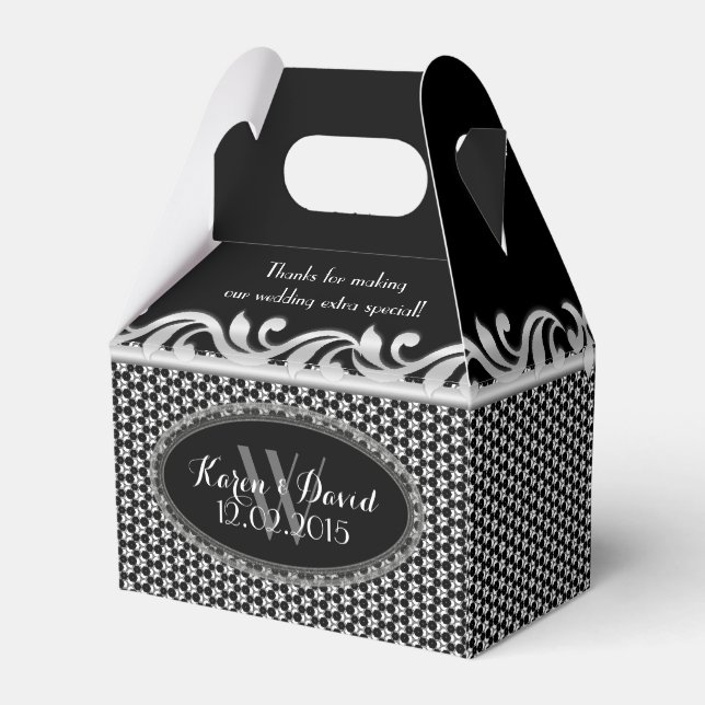 Silver Fleur Geometric Pattern Black White Party Favor Boxes (Back Side)