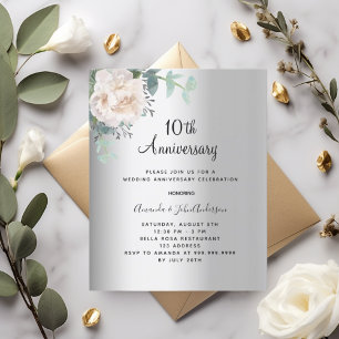 Silver floral 10th wedding anniversary invitation