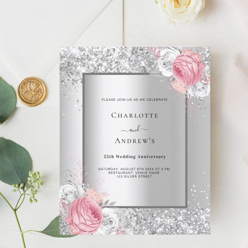 Silver floral 25th wedding anniversary invitation