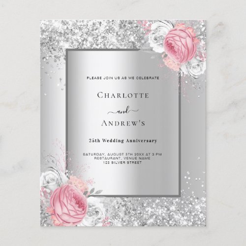 Silver floral 25th wedding anniversary invitation