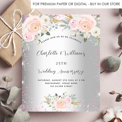 Silver floral 25th wedding anniversary invitation flyer